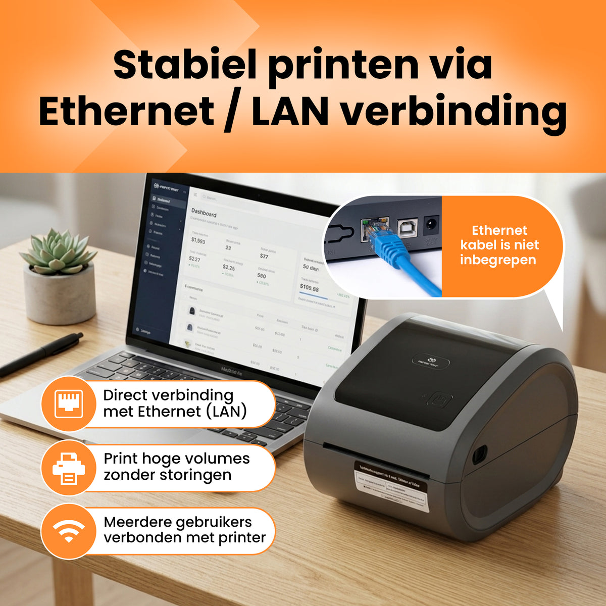 PerfectPrint Labelprinter PRO - 300 DPI - Ethernet, USB & Bluetooth Verbinding